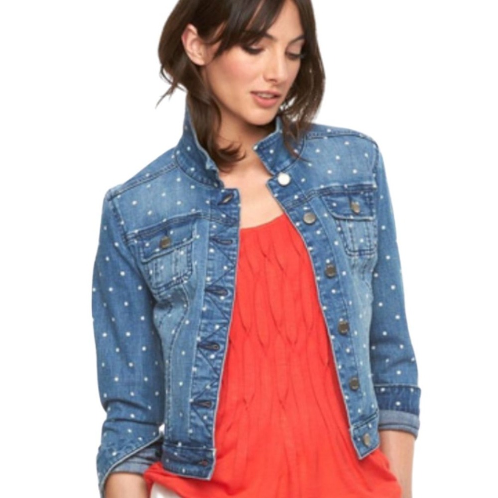 ELLE Polka Dot Cotton Denim Jacket Womens XL Blue White Stretch Jean Trucker